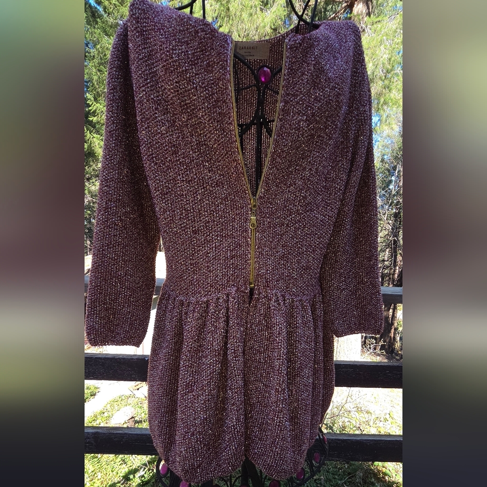 Zara Metallic Pink/Plum Silver Metalic Knit Zip Front Top SzL - Picture 4 of 12